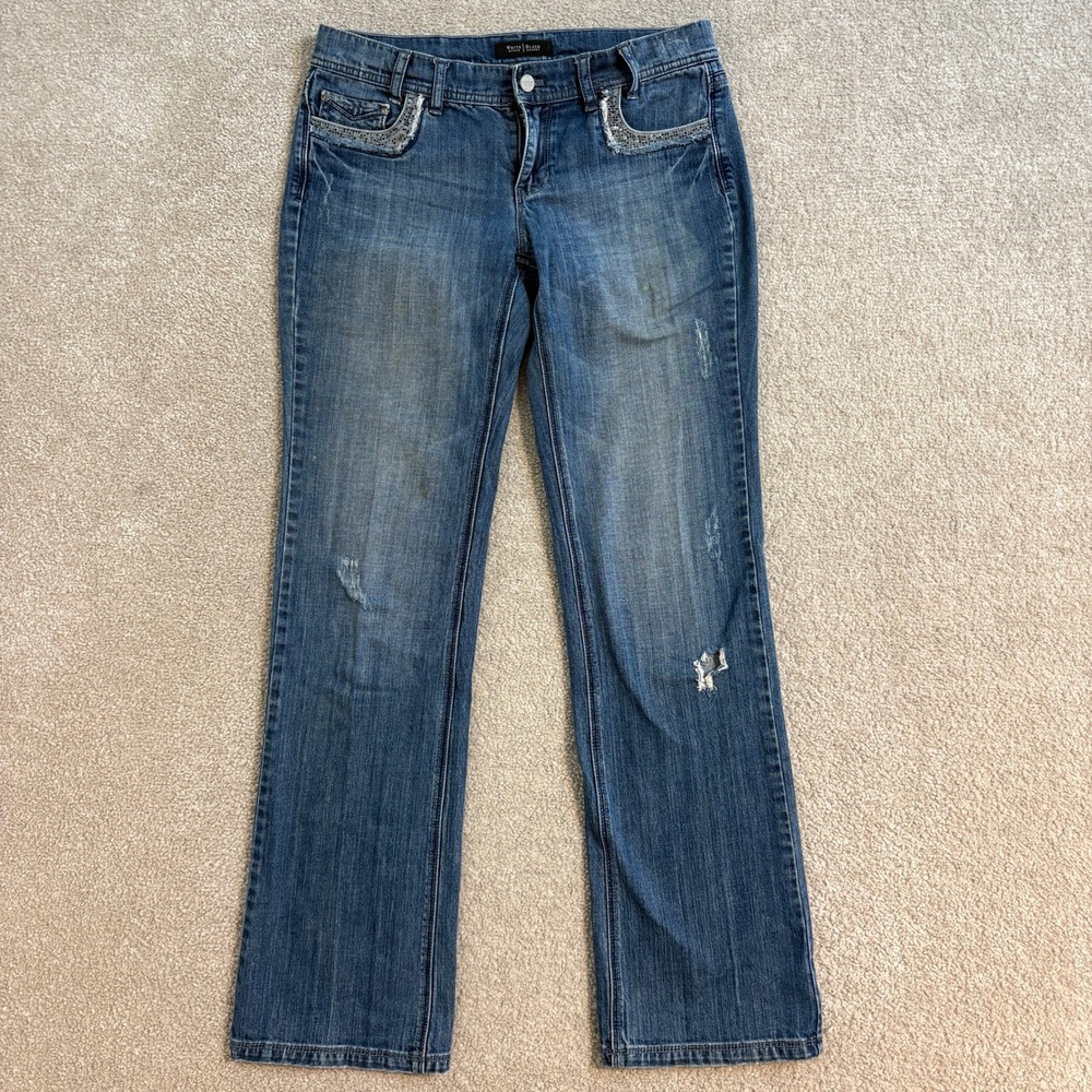 White House Black Market  Noir Glamorous Denim Jeans Embellished ‎ Distressed 4R